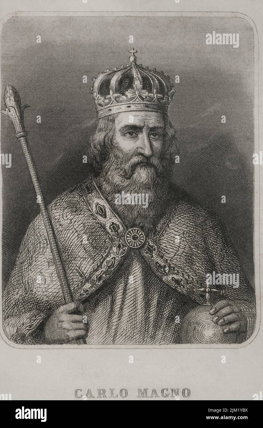 Charlemagne (742-814). King of the Franks (768-814), king of the Lombards (774-814), and emperor of the Holy Roman Empire (800-814). Portrait. Engraving. 'Historia Universal', by César Cantú. Volume III, 1855. Stock Photo