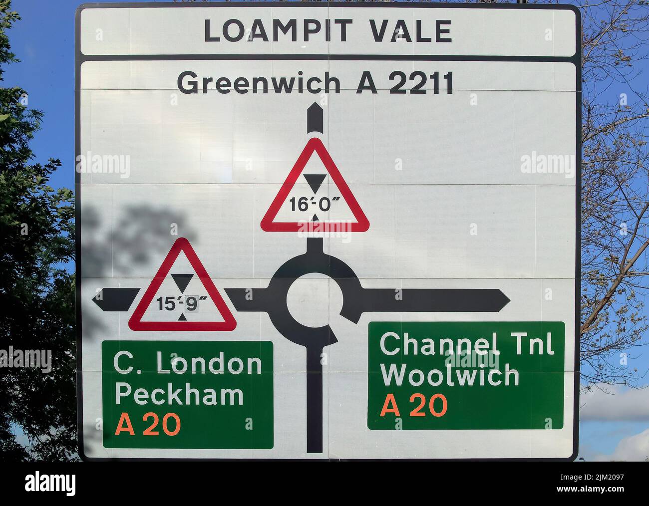 Close-up of a Road Sign, on Molesworth Street, looking towards Loampit Vale, Showing the old road layout at Lewisham Roundabout. Stock Photo
