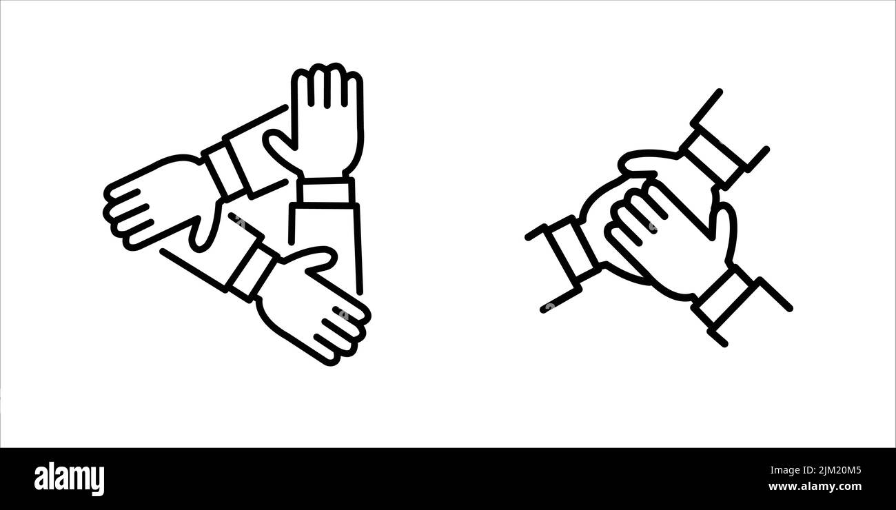 Team hands icon. Three hands holding together team work. Simple design. Line vector. Isolate on white background. Stock Vector