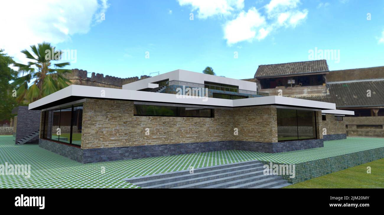 Modern luxury estate against the backdrop of old architecture. Flat