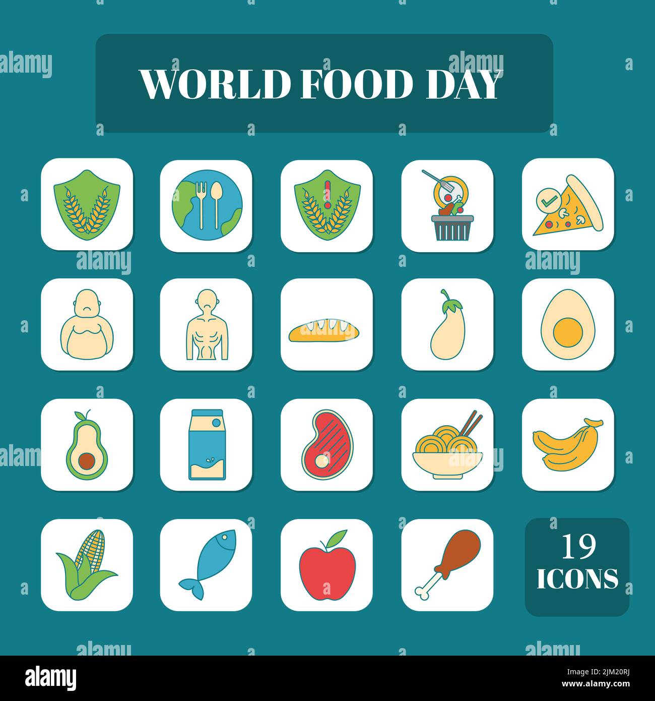 Flat Style World Food Day Square Icon Set On Teal Background.. Stock Vector