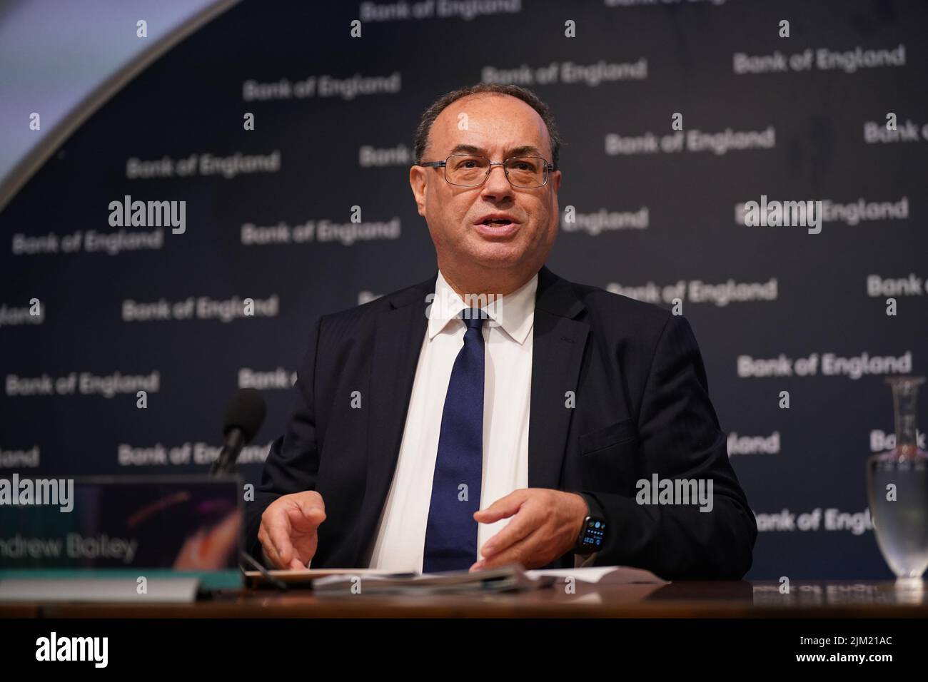 Governor of the Bank of England, Andrew Bailey, during the Bank of England's financial stability report press conference, at the Bank of England, London. Picture date: Thursday August 4, 2022. Stock Photo