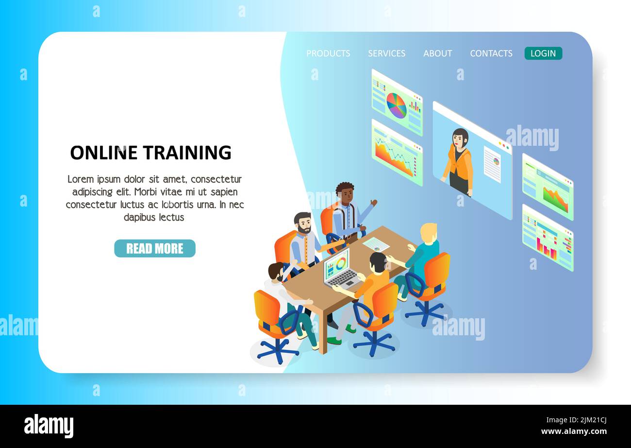 Online training landing page website template. Vector isometric illustration. Online webinar, e-learning, distance education, video tutorials concept. Stock Vector