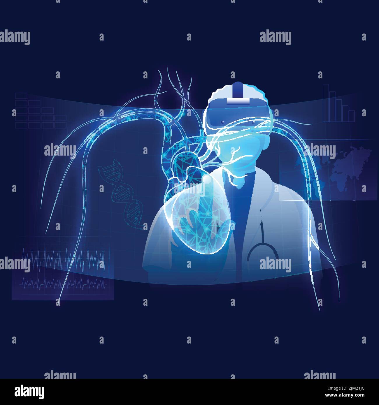 Biotechnology concept with Medical Representative or Doctor wearing VR and Observing Human Heart. Virtual Healthcare Background. Stock Vector