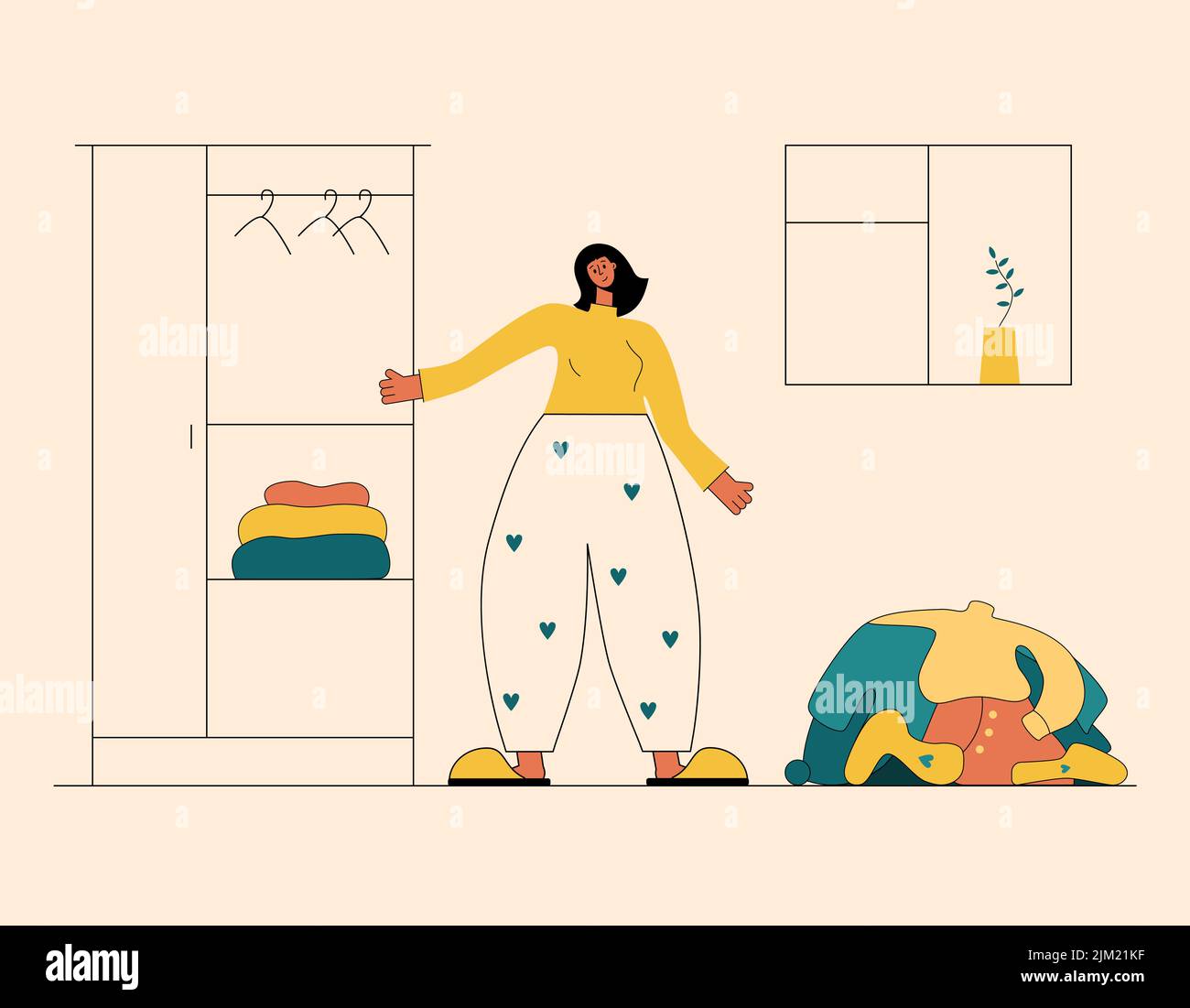 Vector illustration in flat style.Woman in pajamas and slippers stands between bunch of uncollected things and a neat closet. Cleaning and restoring o Stock Vector