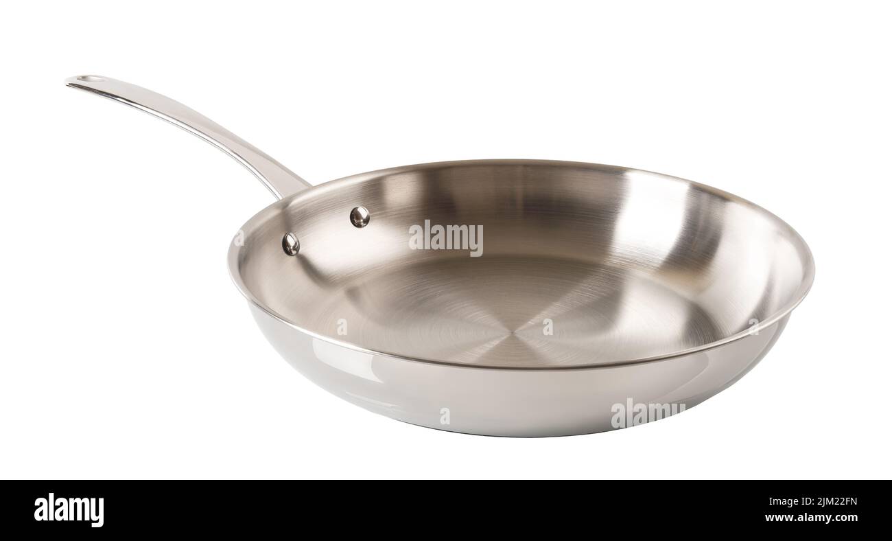 New stainless steel frying pan cutout. New skillet of 18 10 chrome nickel steel isolated on a white background. Empty inox frypan for frying, searing. Stock Photo
