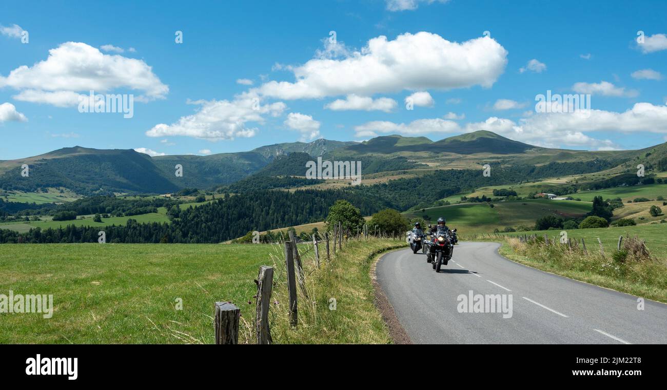 Motorcycle group in Sancy Massif, Auvergne Volcanoes Natural Park, Puy de Dome, Auvergne Rhone Alpes, France Stock Photo