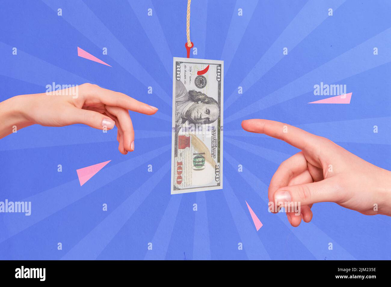 Collage image picture poster two arms finger try get money rope letting ...