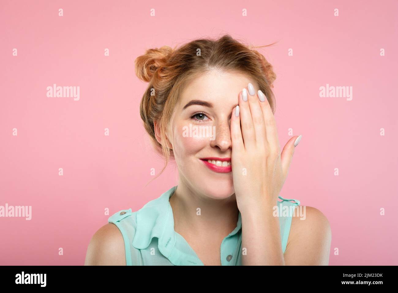 eyesight check woman cover eye vision healthcare Stock Photo Alamy