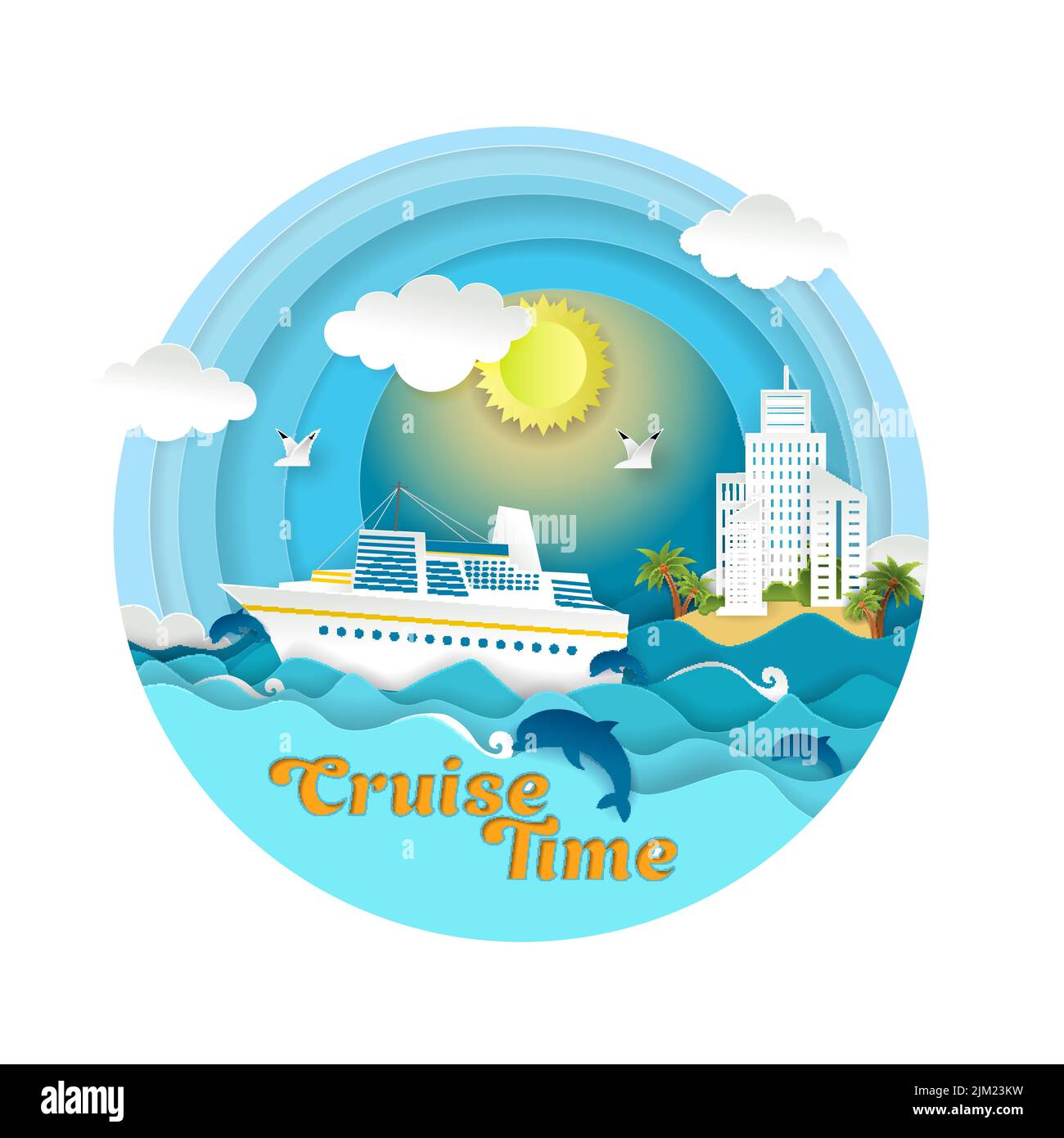 Cruise time vector paper cut illustration. Cruise liner floating on ocean waves, dolphins, seagulls, islands, tourist resorts. Sea voyage, summer crui Stock Vector