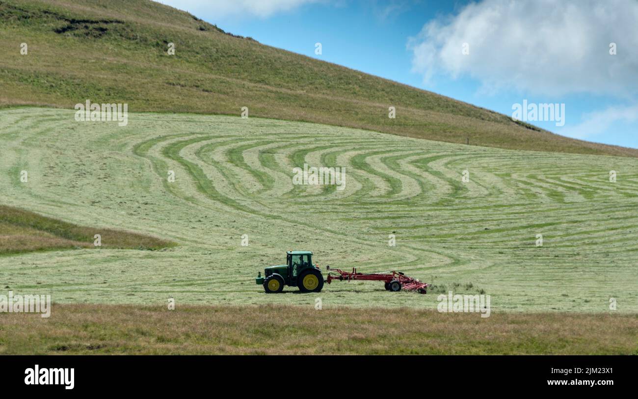 Tractor in a field in Sancy Massif, Auvergne Volcanoes Natural Park , Puy de Dome department, Auvergne Rhone Alpes, France Stock Photo