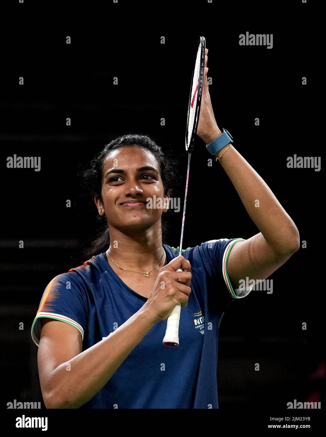 India's Venkata Sindhu Pusarla celebrates victory in her match against Maldives Fathimath Nabaaha Abdul Razzaq at The NEC on day seven of the 2022 Commonwealth Games in Birmingham. Picture date: Thursday August 4, 2022. Stock Photo