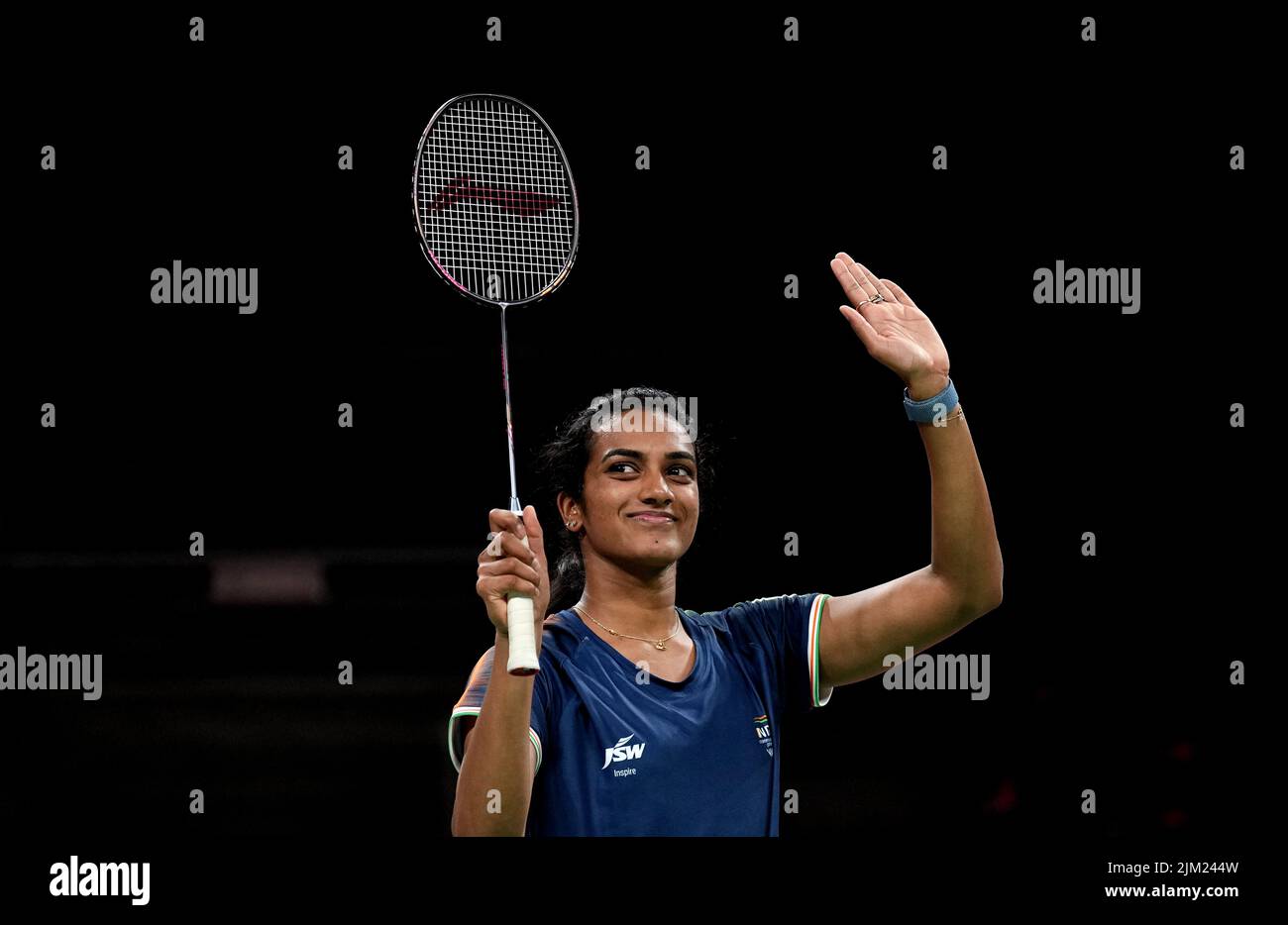 India's Venkata Sindhu Pusarla celebrates victory in her match against Maldives Fathimath Nabaaha Abdul Razzaq at The NEC on day seven of the 2022 Commonwealth Games in Birmingham. Picture date: Thursday August 4, 2022. Stock Photo