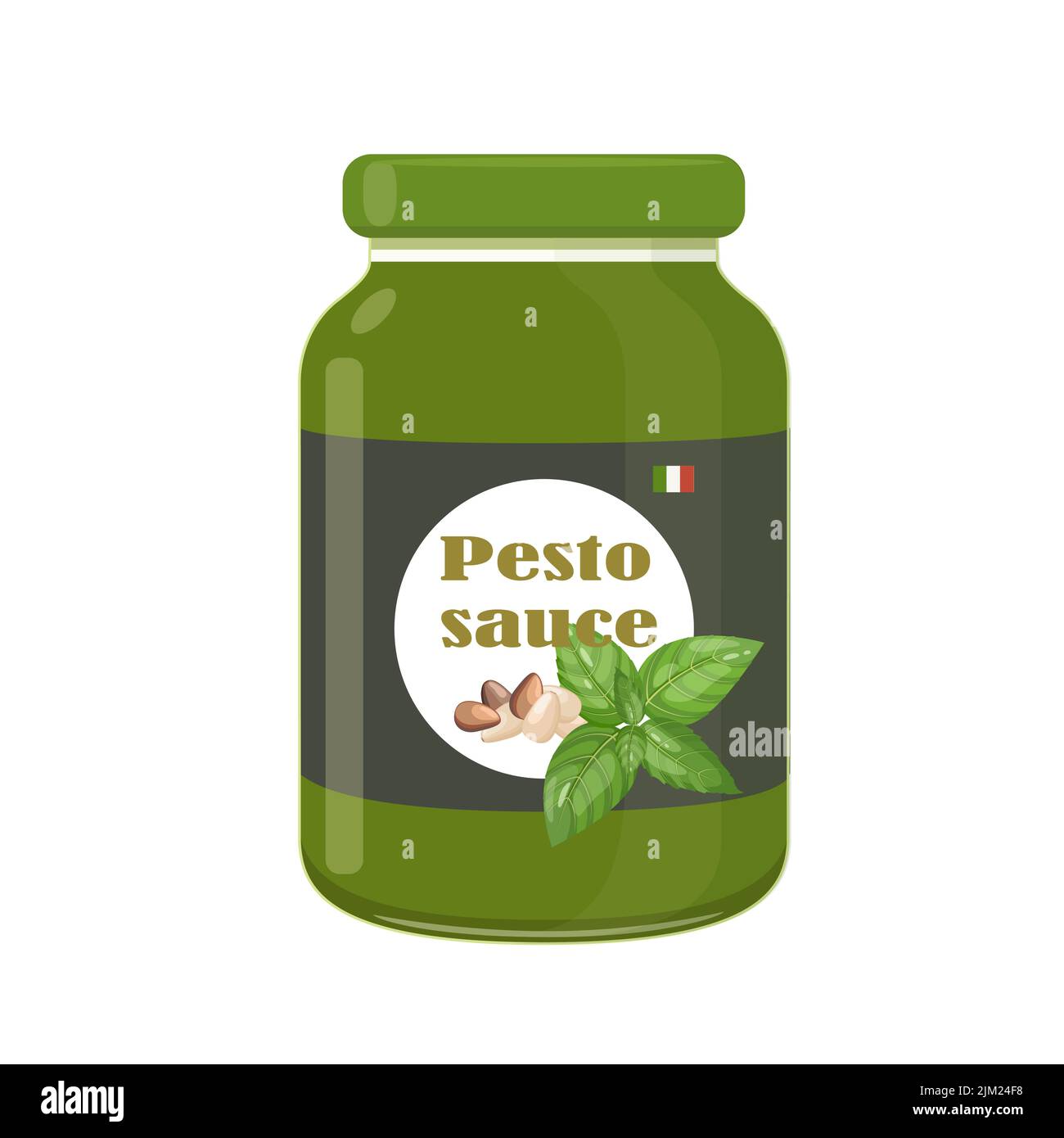 Pesto, Italian cuisine sauce in glass jar, vector illustration on white background Stock Vector
