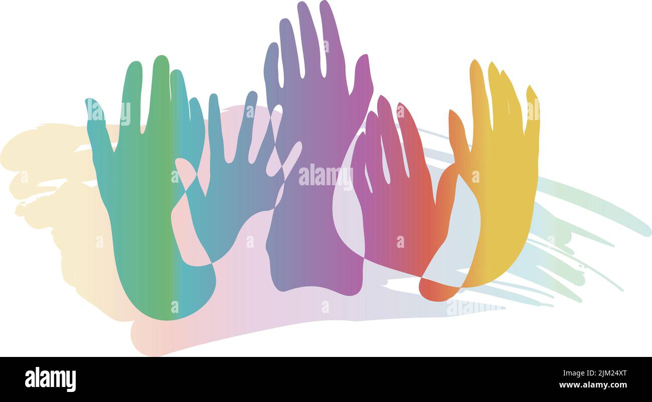 Raised hands volunteering one line drawing. Colorful hand up wave banner. People rights election. Inclusion and diversity culture equity. Inclusive so Stock Vector