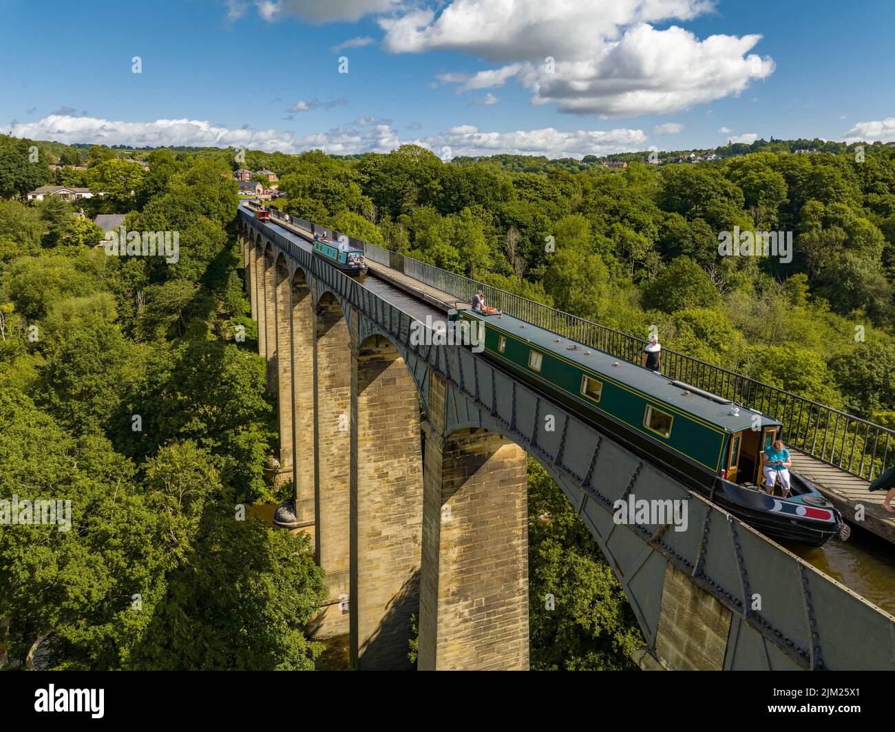 Canal Boats Crossing Pontcysyllte Aqueduct aerial view at a very busy  morning in Wales, UK Drone,From the Air,Birds Eye View, Llangollen,  Trevor Stock Photo