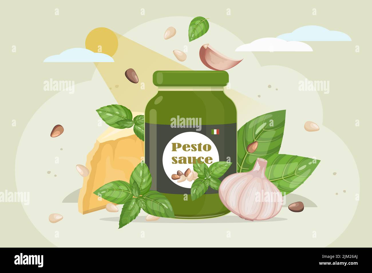 Pesto cooking concept. Italian cuisine sauce with ingredients: garlic, pine nuts, parmesan cheese, green basil, vector illustration isolated on white Stock Vector