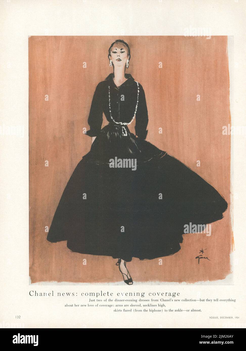 Chanel News: Complete Evening Coverage?, Vogue, December 1, 1954;Offset printing;Modern;1954;France;Private Collection;Fashion, Magazine, Applied Arts, Gown, Dress, Frock, Clothes, Wear, Attire, Clothing, Journal, Gabrielle Chanel, Coco Chanel, Chanel, ;;Genre,;Graphic arts; VG-Bild-Kunst Bonn;. Author: René Gruau. Stock Photo