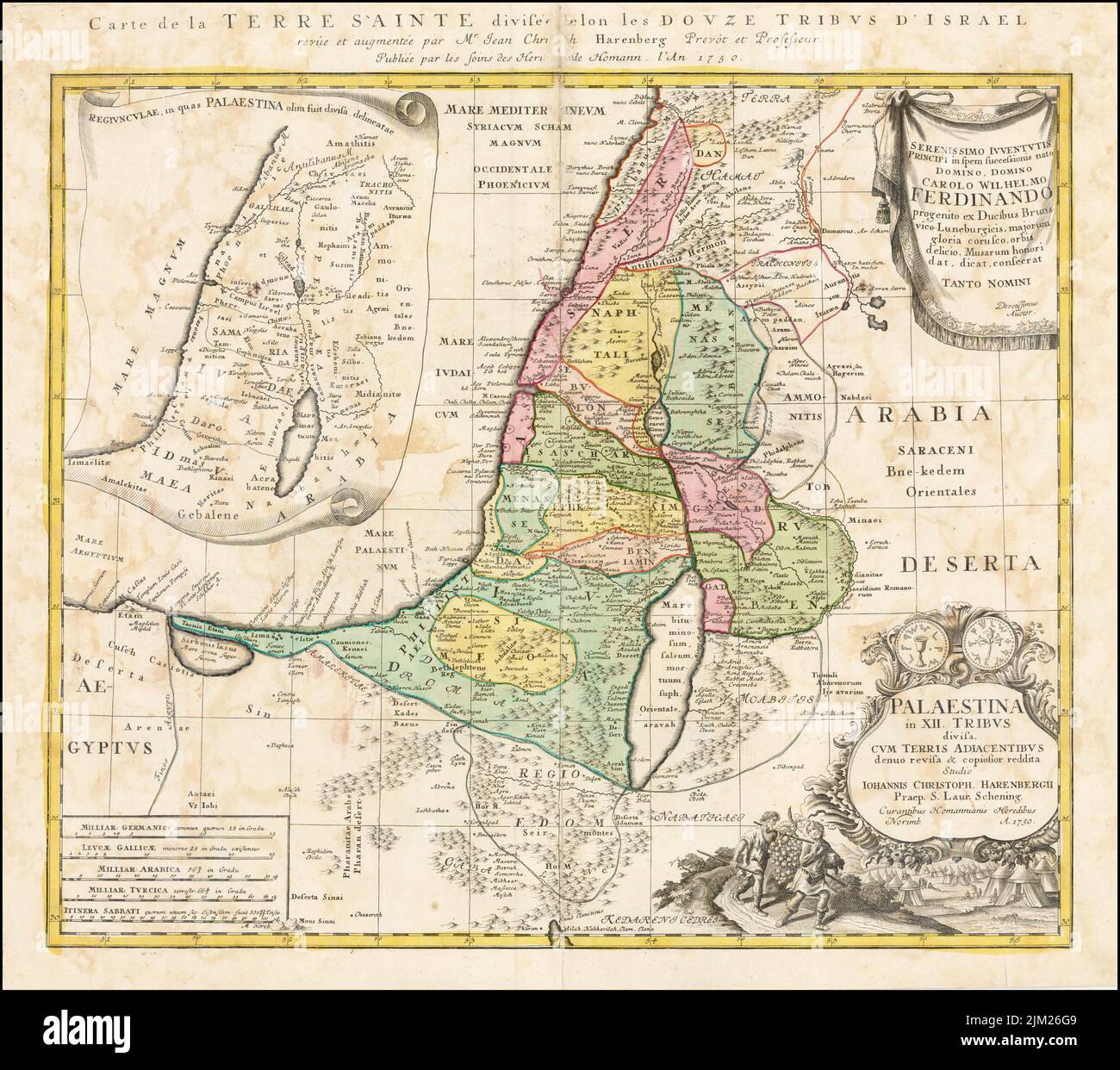 Map of the Holy Land Divided into the Twelve Tribes of Israel. Museum: PRIVATE COLLECTION. Author: JOHANN BAPTIST HOMANN. Stock Photo