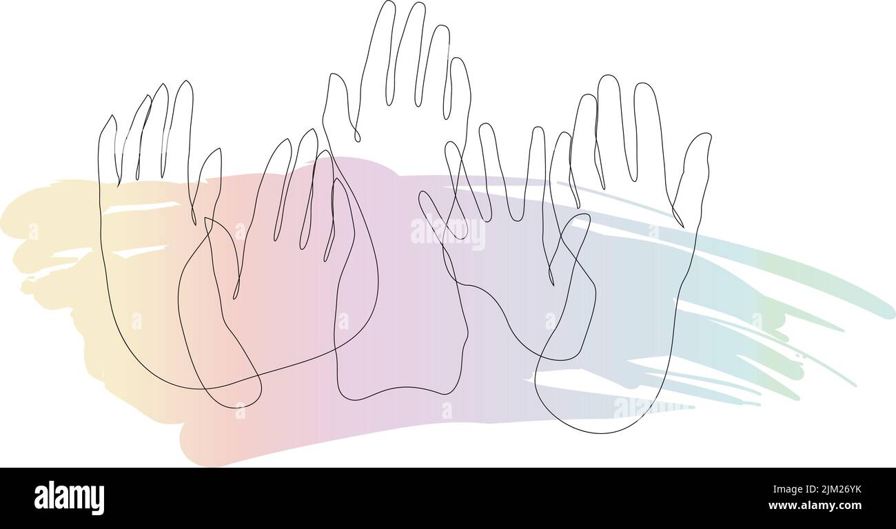 Raised hands volunteering one line drawing. Colorful hand up wave banner. People rights election. Inclusion and diversity culture equity. Inclusive so Stock Vector