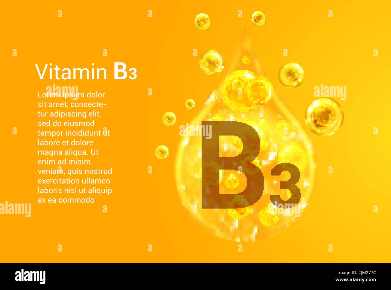 Vitamin B3. Baner with vector images of golden drops with oxygen