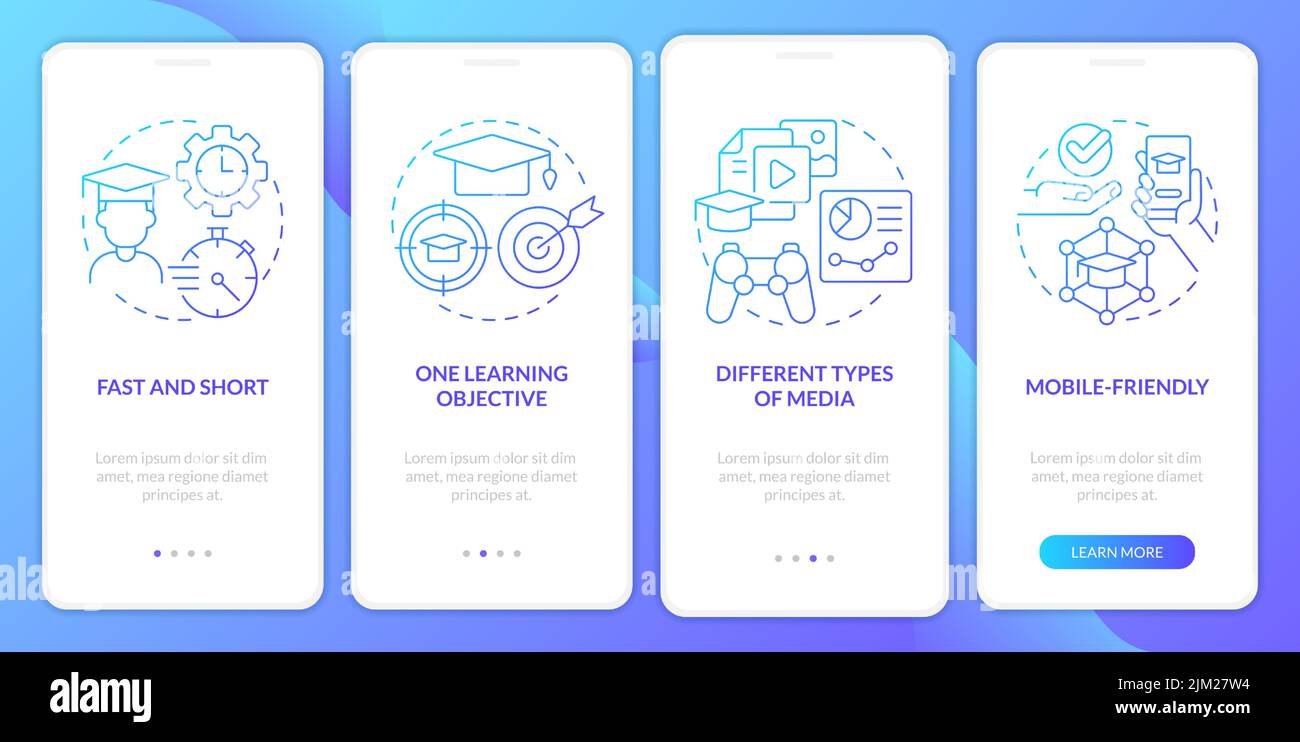 Microlearning characteristics blue gradient onboarding mobile app screen Stock Vector