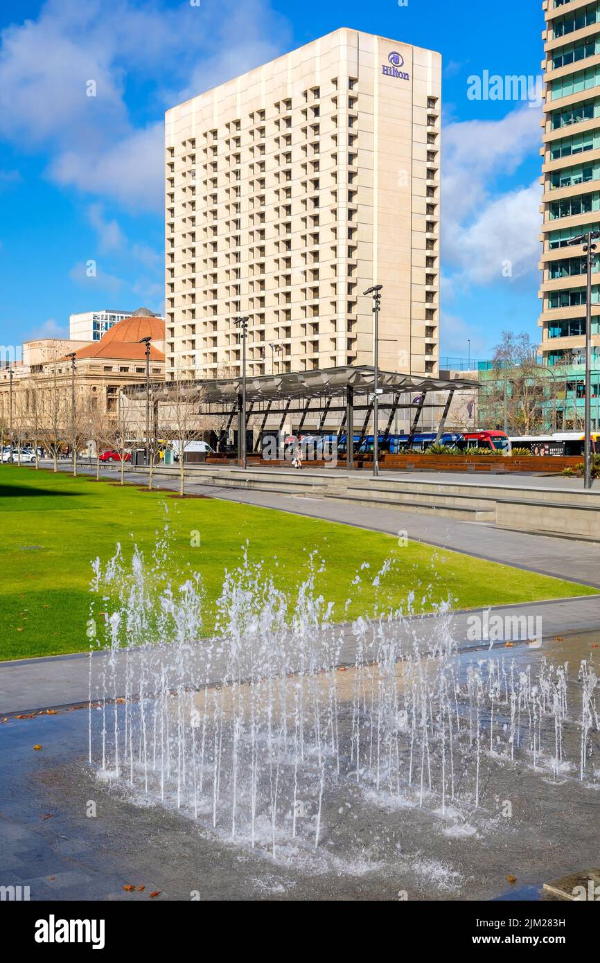 Adelaide, South Australia - August 19, 2019: Hilton Adelaide hotel viewed across Victoria Square on a bright day Stock Photo