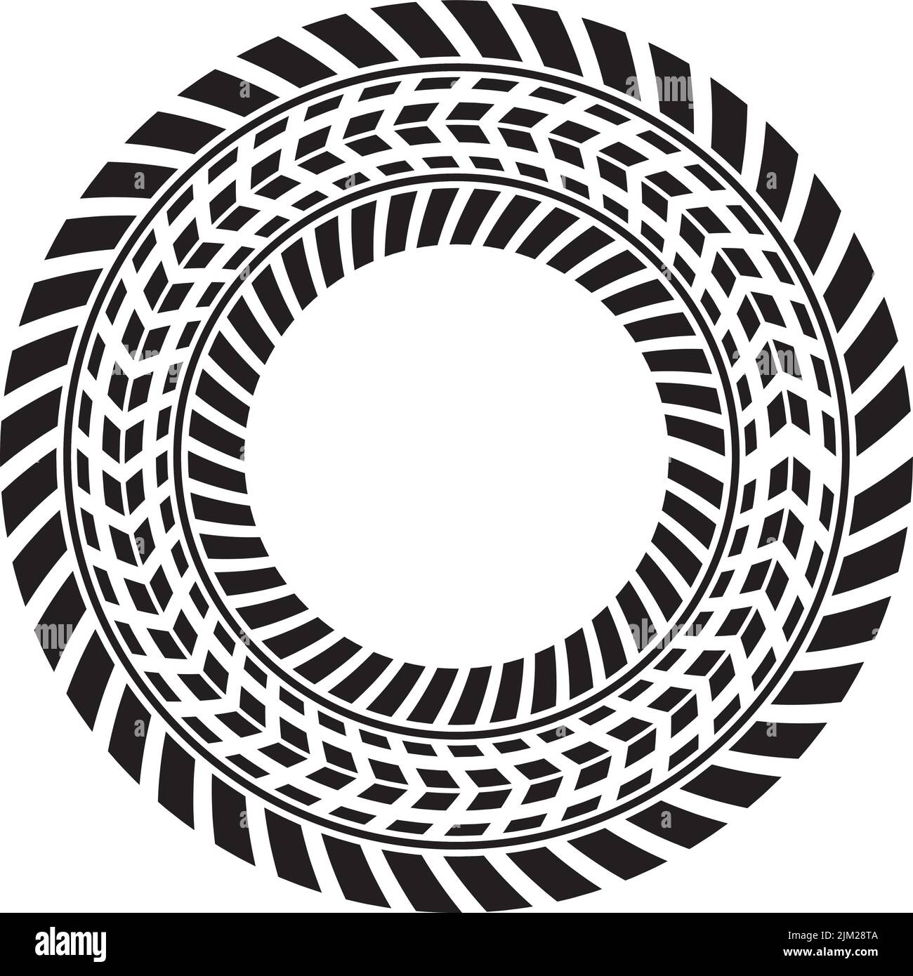 A rotative tire track symbol with tread marks on a white background