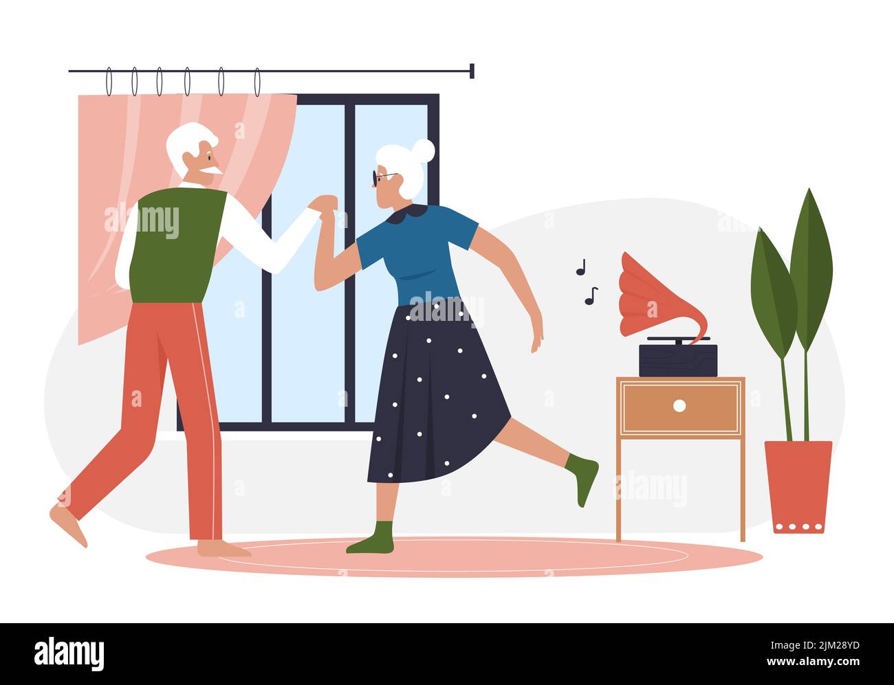 Elderly couple dancing. Seniors people spending funny time together vector illustration Stock Vector
