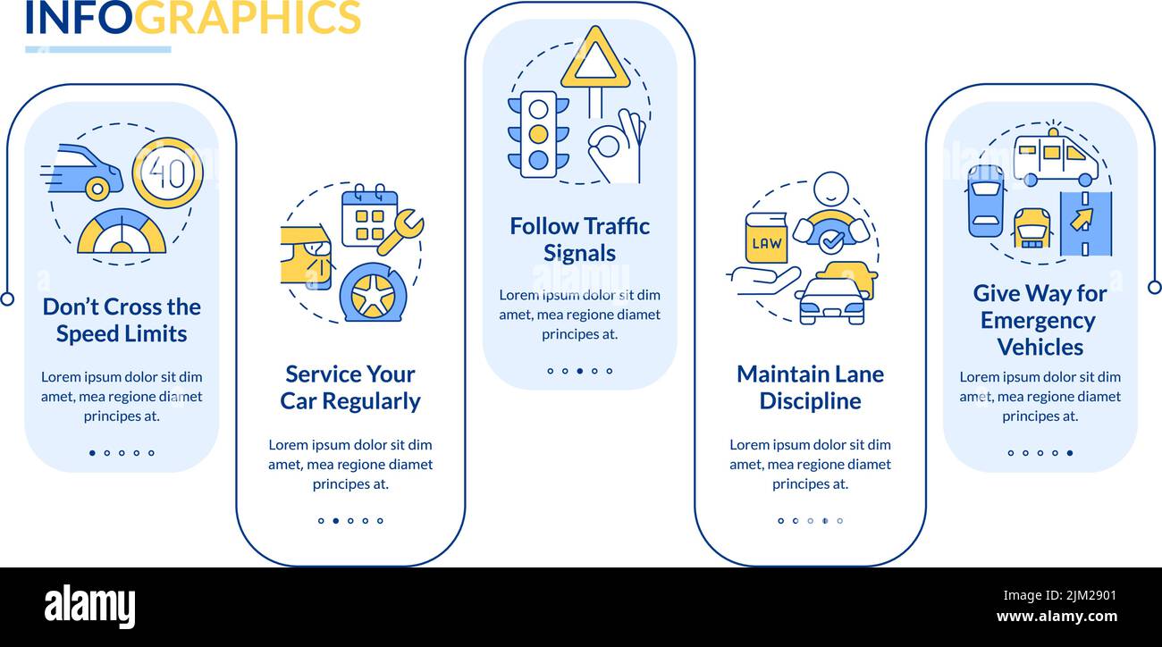 Common driving safety rules blue rectangle infographic template Stock