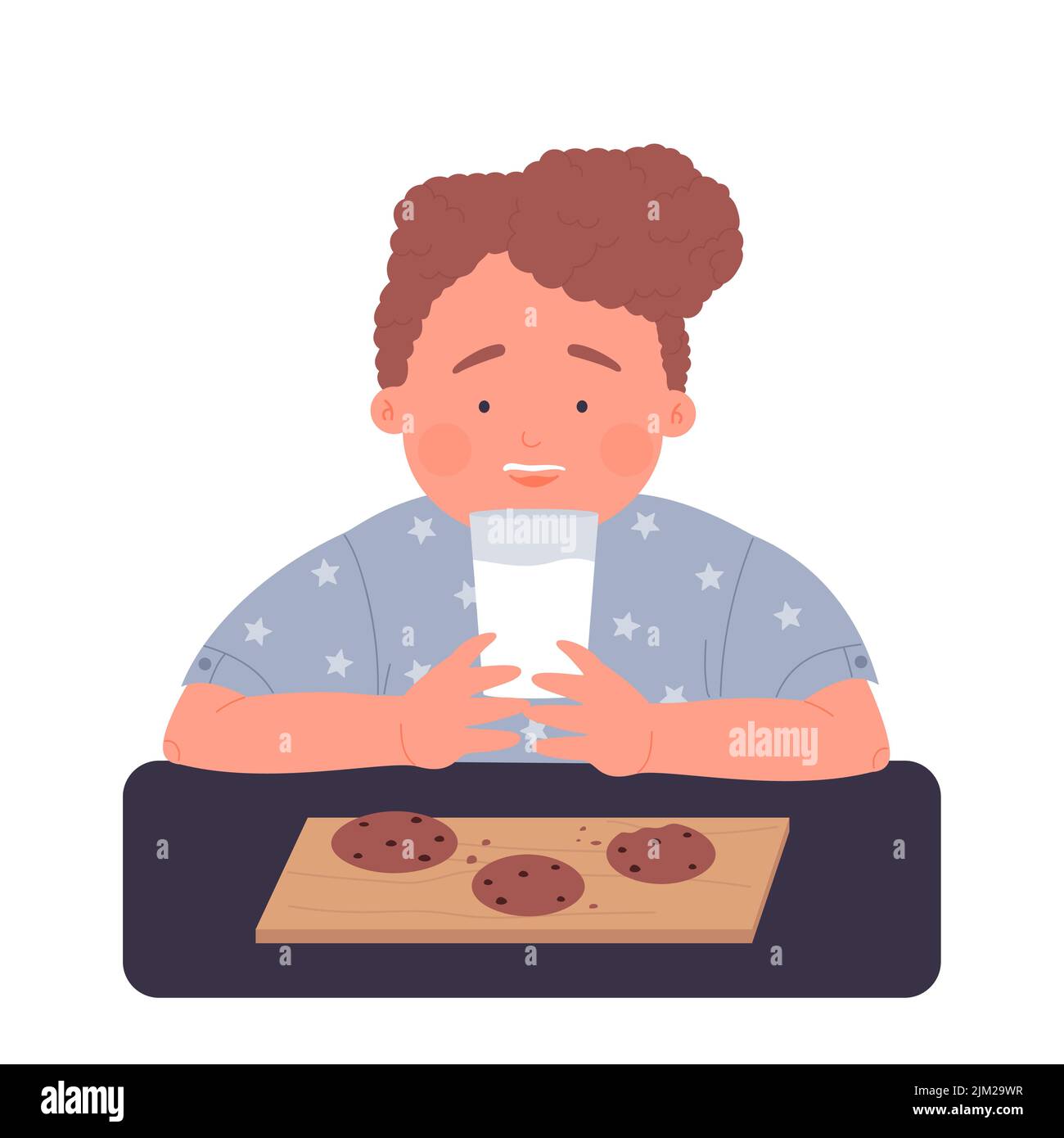 Little boy drinking milk with cookies. Breakfast meal, snack time food vector illustration Stock Vector