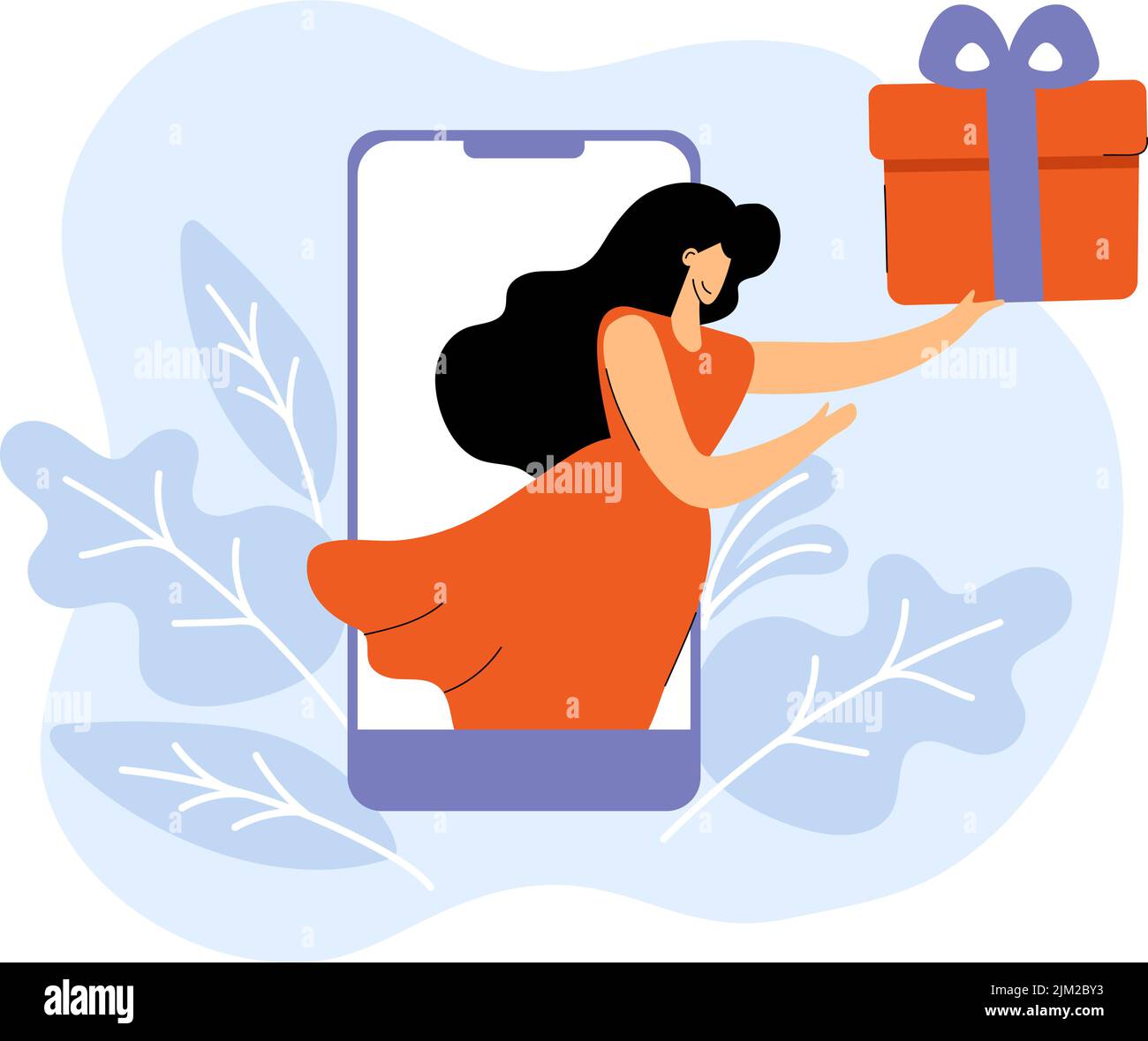 Vector hand drawn woman presents gift box from telephone. Online shopping flat. Shop in telephone on web browser page for sales Stock Vector