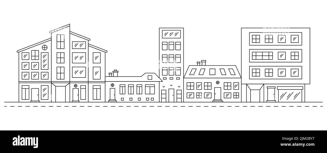 Neighborhood Line art illustration with houses. Row cityscape with black residential buildings. Stock Vector