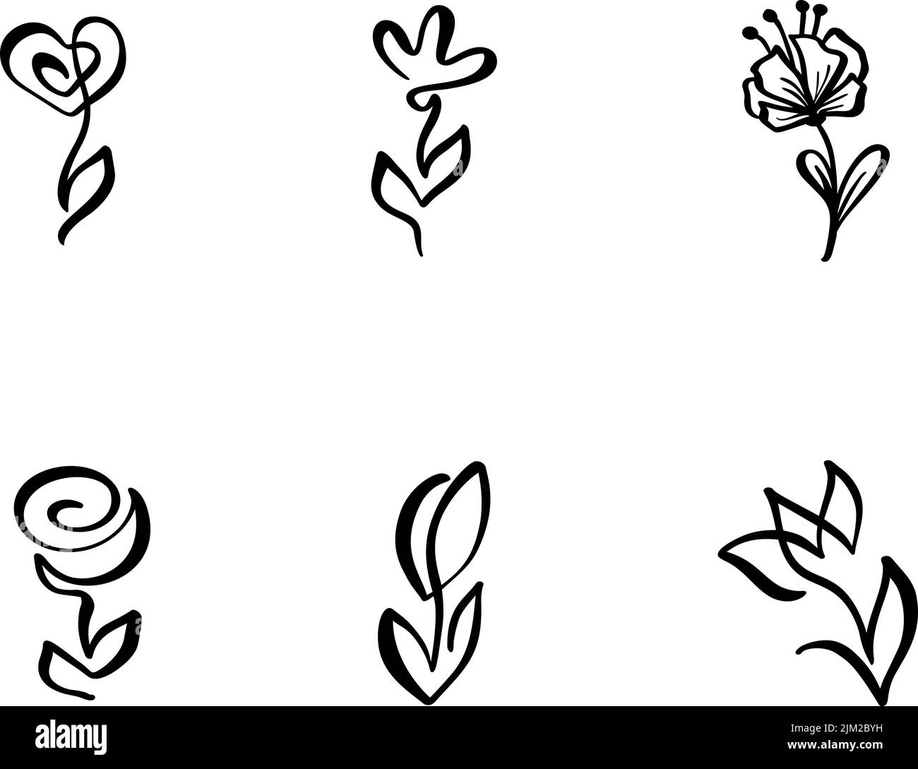 Set of Continuous Line art Drawing Vector Calligraphic Flower logo. Black Sketch icon of Plants Isolated on White Background. One Line Illustration Stock Vector