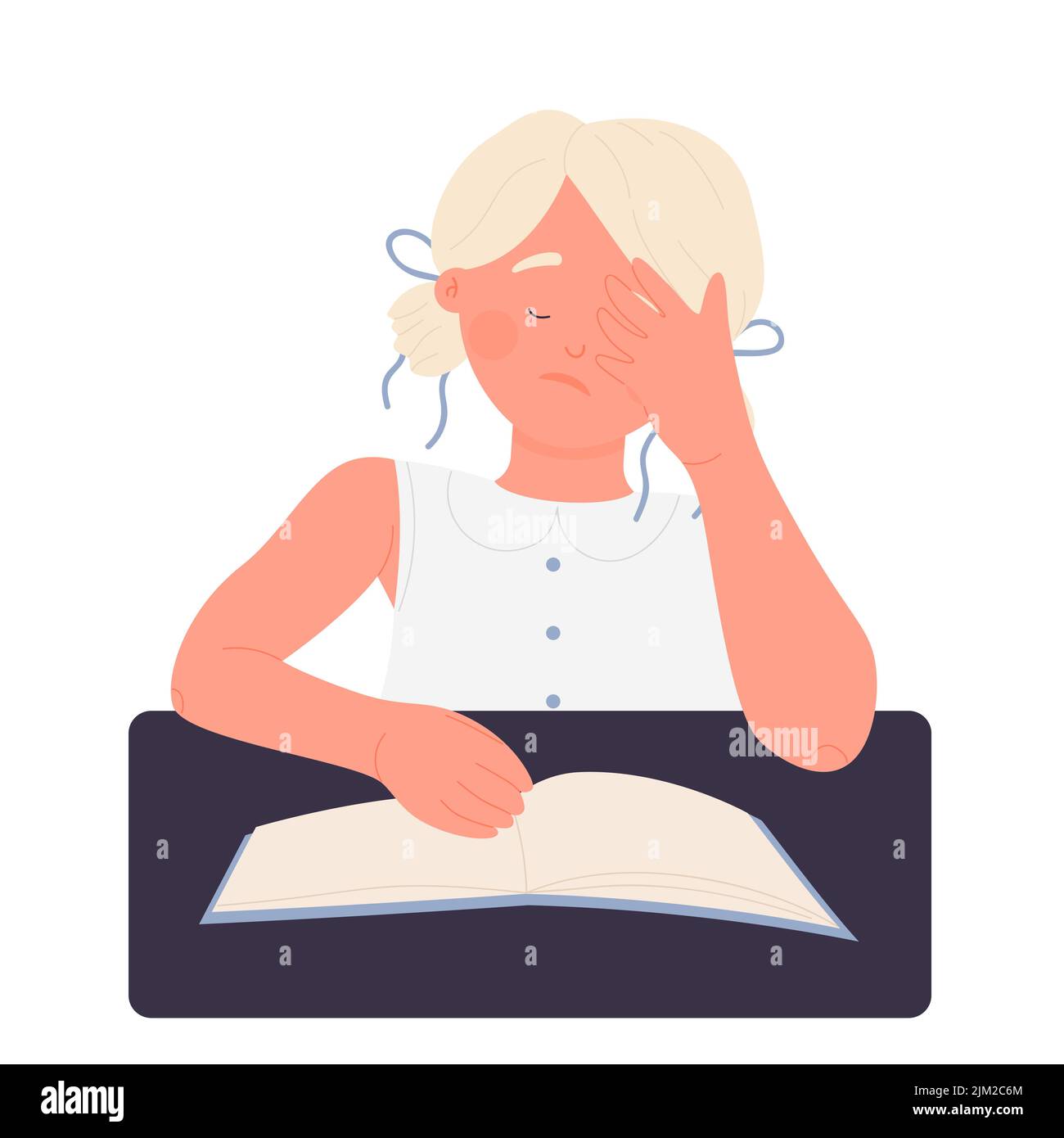 Tired little girl reading book. Primary school pupil learning vector illustration Stock Vector