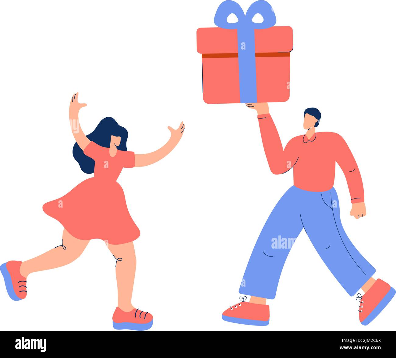 Young man giving a gift to his girlfriend or friend. Couple in love. Concept for Birthday, Valentines Day or Holidays. Flat vector illustration on Stock Vector