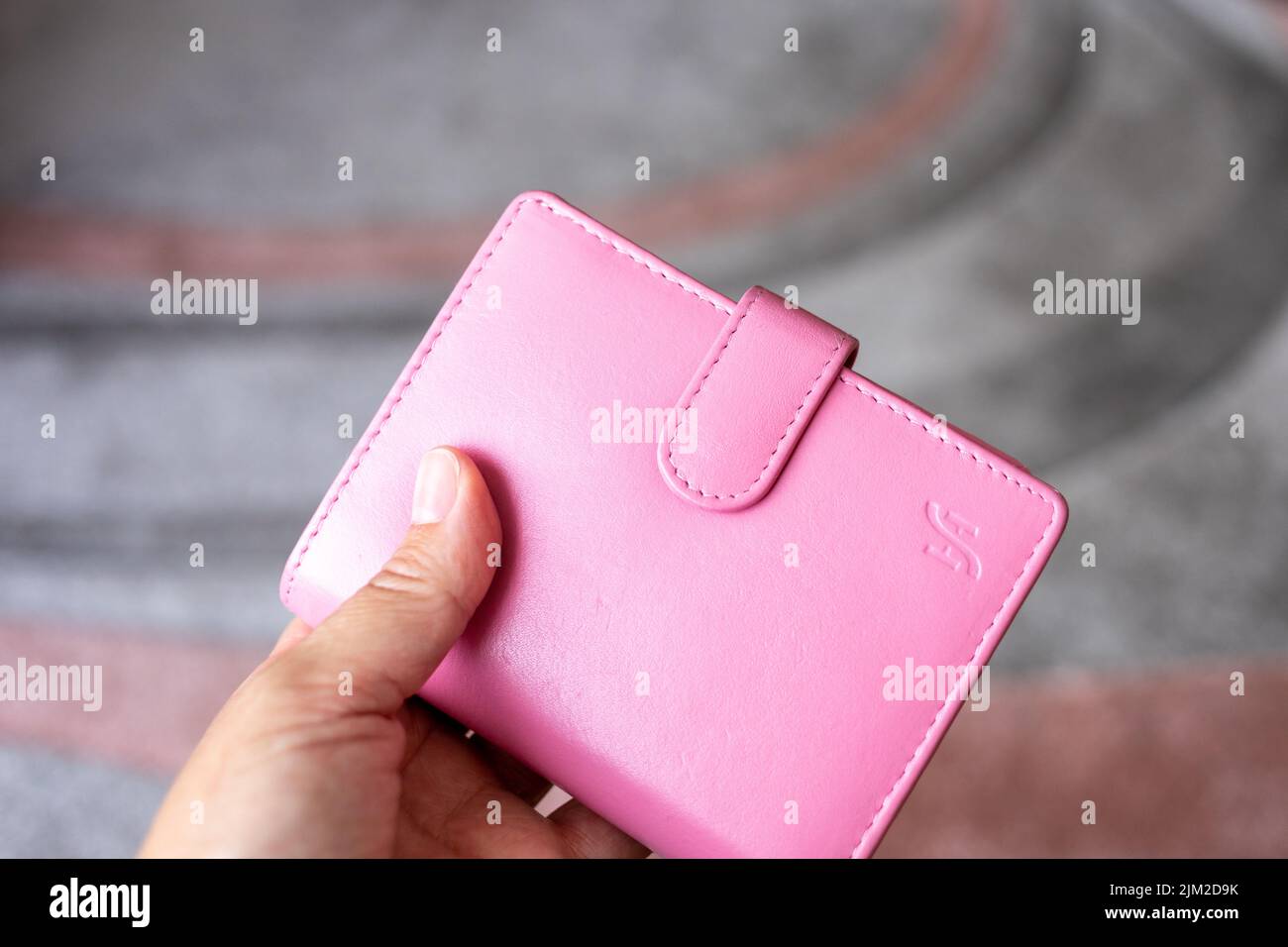 Female hand holding a pink purse closeup Stock Photo