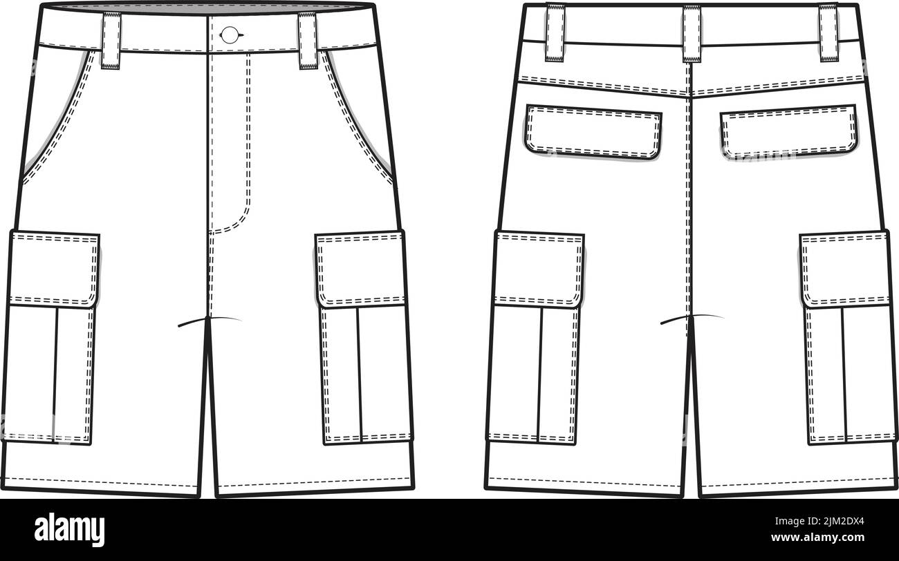 Cargo Shorts Flat Technical Drawing Illustration Classic Blank Streetwear Mock-up Template for Design and Tech Packs CAD Outdoor Stock Vector