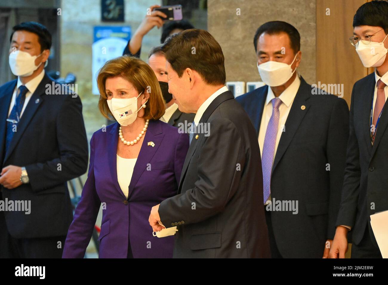 Seoul, South Korea. 04th Aug, 2022. U.S. Speaker of the House Nancy Pelosi leaves a press conference with South Korean National Assembly Speaker Kim Jin-pyo after meeting in Seoul, South Korea on Thursday, August 4, 2022. Speaker Pelosi visited South Korea after a trip to Taiwan that sparked a furious response from China. Photo by Thomas Maresca/UPI Credit: UPI/Alamy Live News Stock Photo