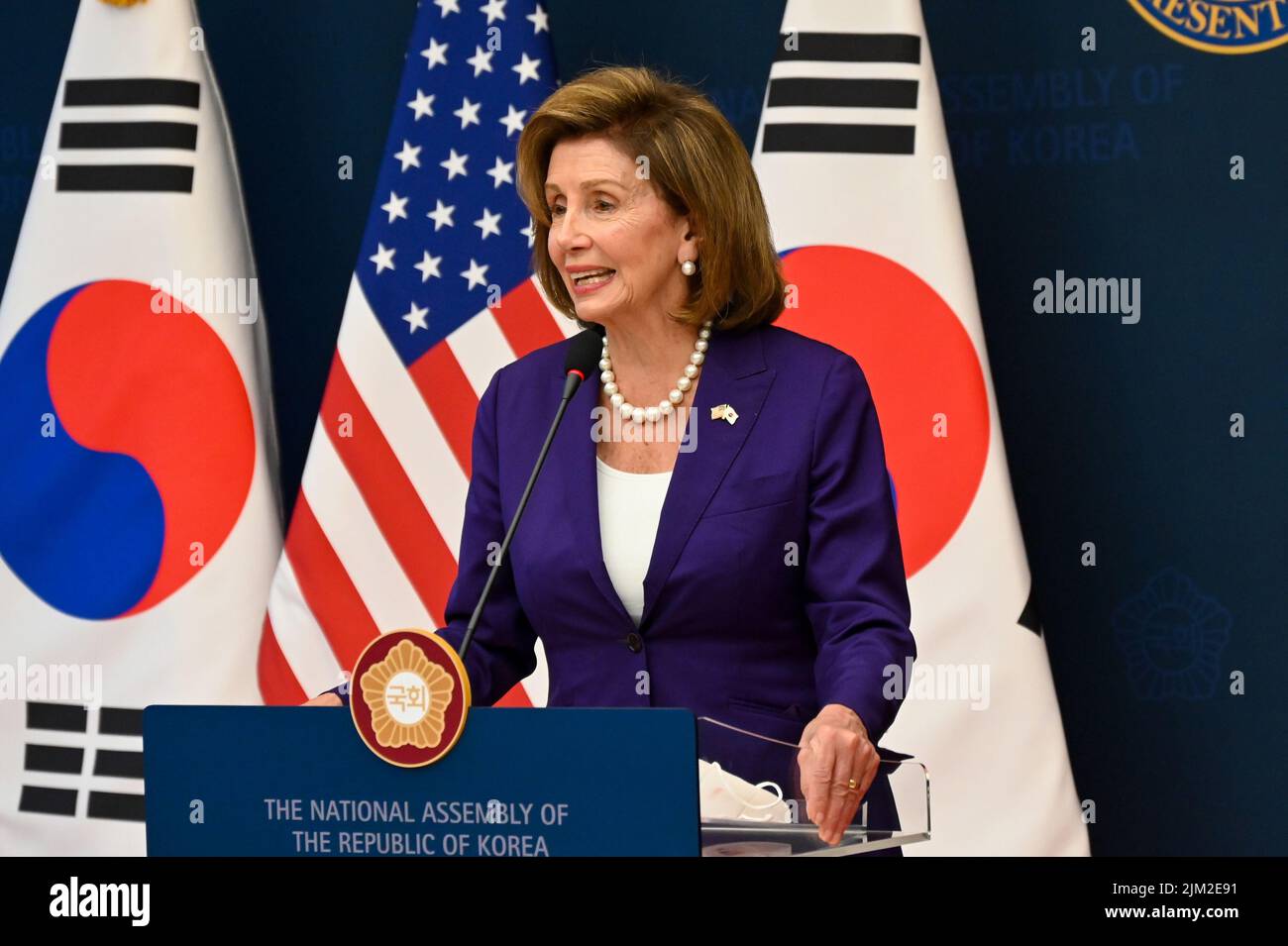 Seoul, South Korea. 04th Aug, 2022. U.S. Speaker of the House Nancy Pelosi speaks at a press conference at the National Assembly in Seoul, South Korea on Thursday, August 4, 2022. Speaker Pelosi visited South Korea after a trip to Taiwan that sparked a furious response from China. Photo by Thomas Maresca/UPI Credit: UPI/Alamy Live News Stock Photo
