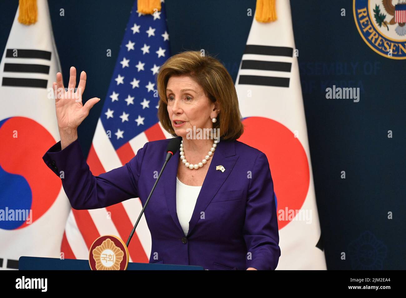 Seoul, South Korea. 04th Aug, 2022. U.S. Speaker of the House Nancy Pelosi speaks at a press conference at the National Assembly in Seoul, South Korea on Thursday, August 4, 2022. Speaker Pelosi visited South Korea after a trip to Taiwan that sparked a furious response from China. Photo by Thomas Maresca/UPI Credit: UPI/Alamy Live News Stock Photo