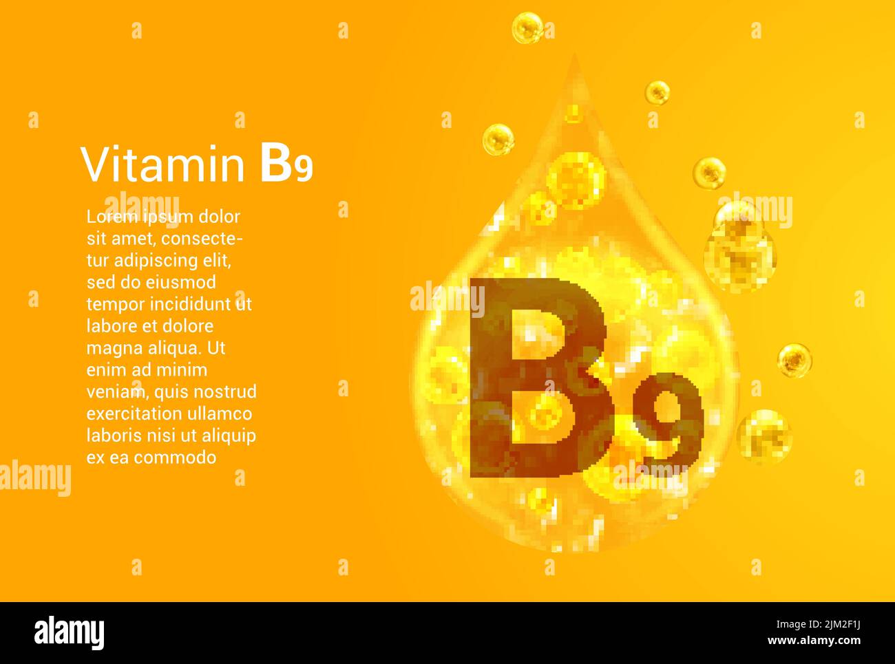 Vitamin B9. Baner with vector images of golden drops with oxygen