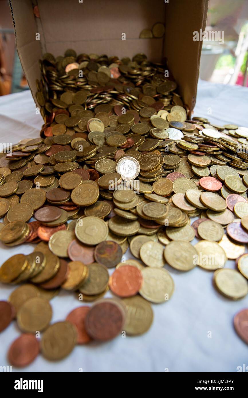 Euro - Cent Coins Dumped On A Cloth, Collected Coin Money, Savings,Euro, Small Change Stock Photo