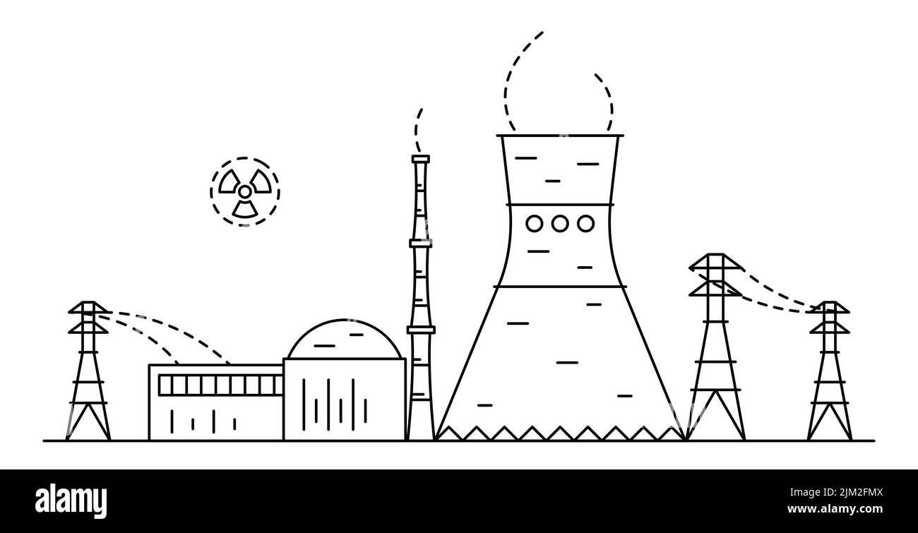 Nuclear or atomic power plant drawing in line art style. Stock Vector