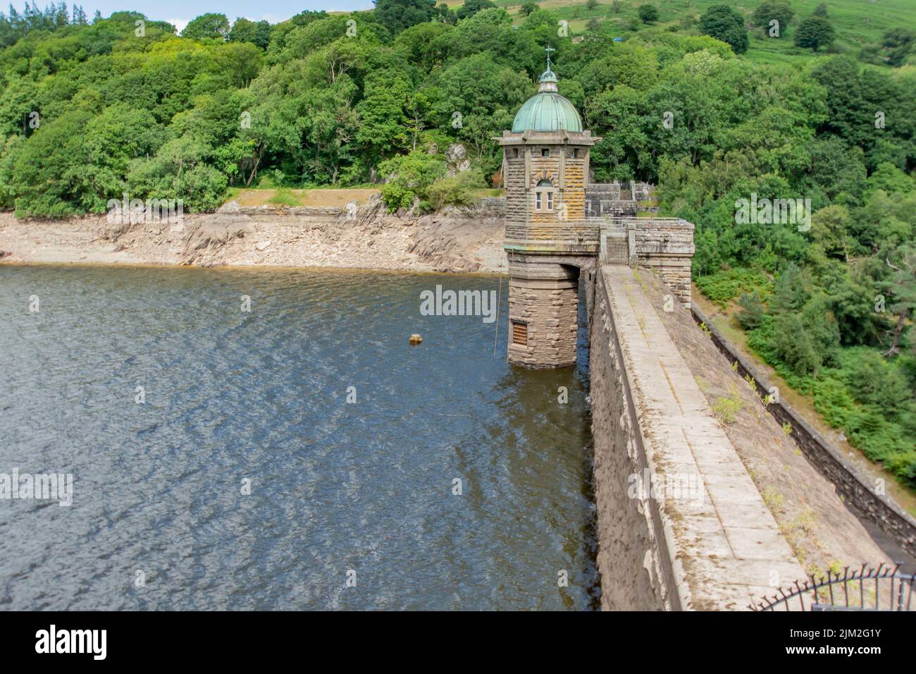 These are the water levels after a dry summer so far in the uk. this is the Elan Valley in Mid-Wales. Stock Photo