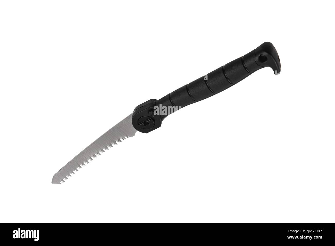 Small portable folding hacksaw. Saw for sawing small branches or boards. Garden or travel tool. Isolate on a white background. Stock Photo