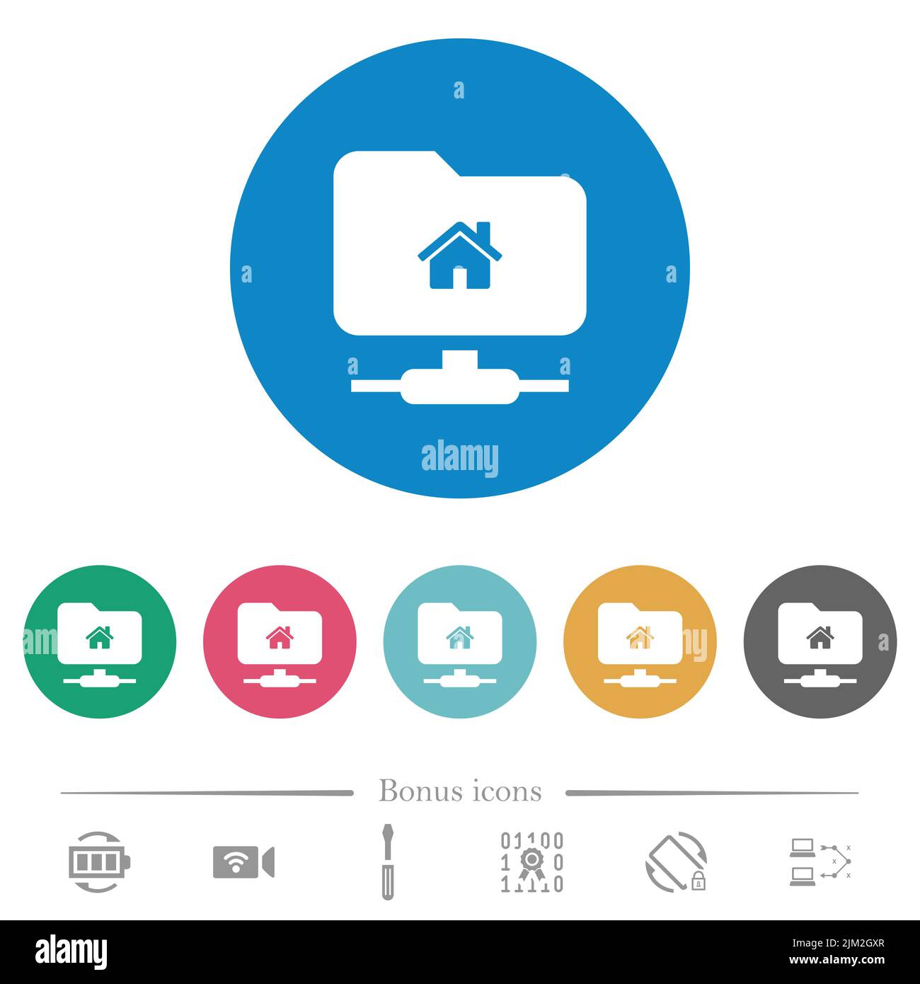 FTP home directory flat white icons on round color backgrounds. 6 bonus ...