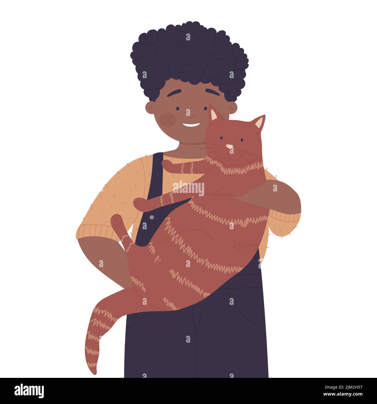 Happy kid holding his cat pet. Boy petting fluffy friend, hugging kitten vector illustration Stock Vector