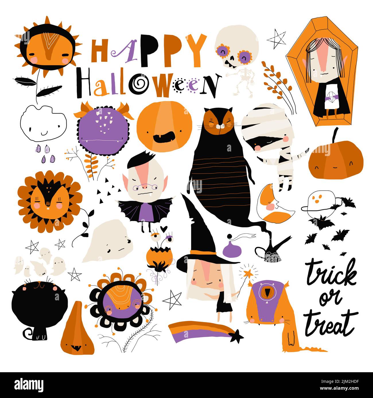 Set Of Different Halloween Elements And Characters Stock Vector