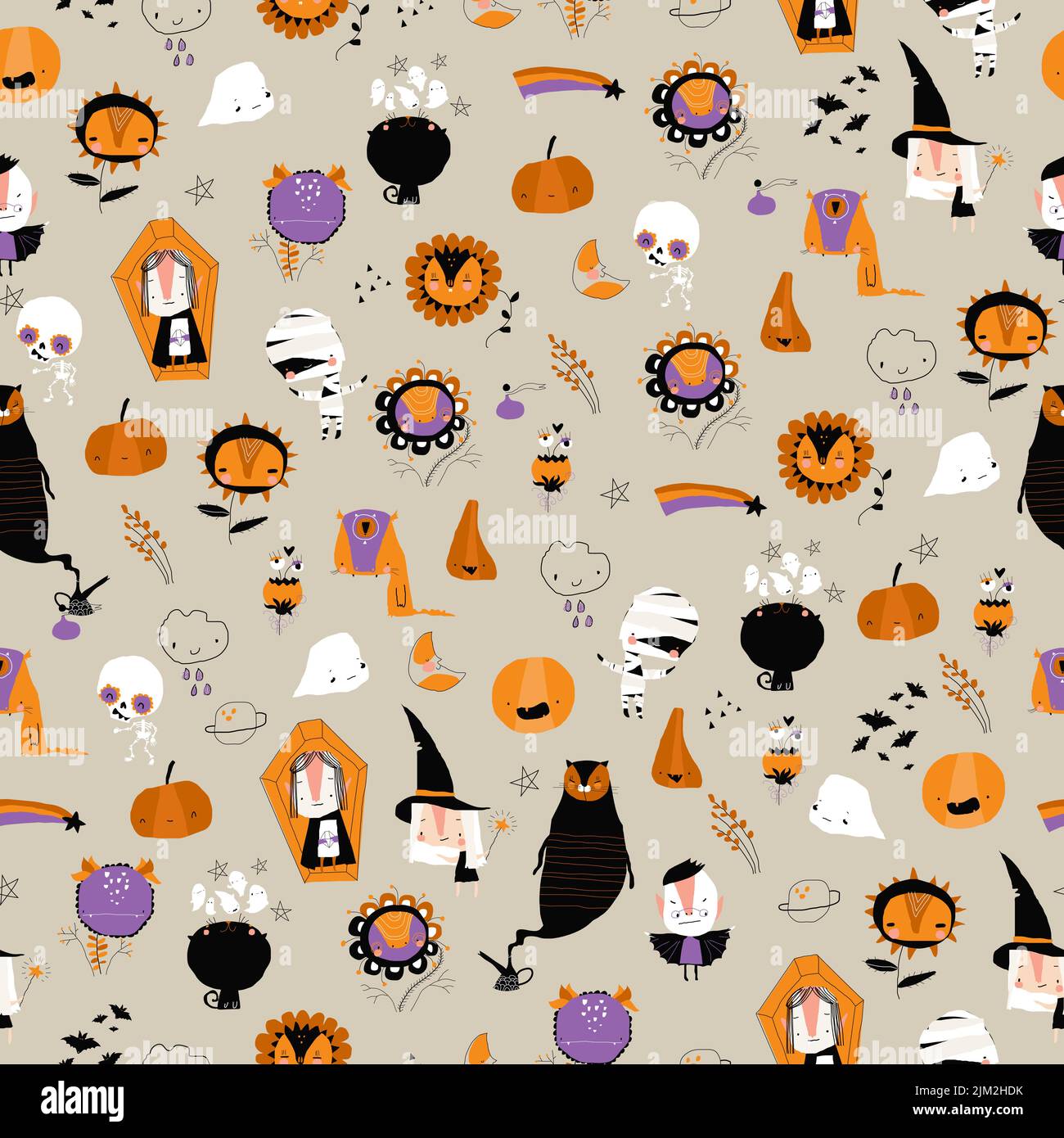 Seamless Pattern with Different Halloween Elements And Characters Stock Vector
